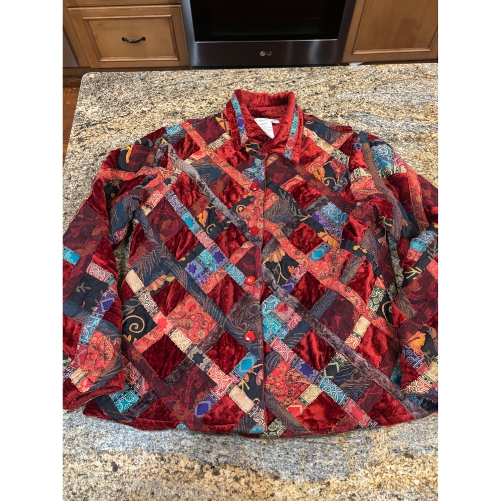 Coldwater Creek Red Velvet Patchwork Paisley Button Front Jacket Womens Medium‎
